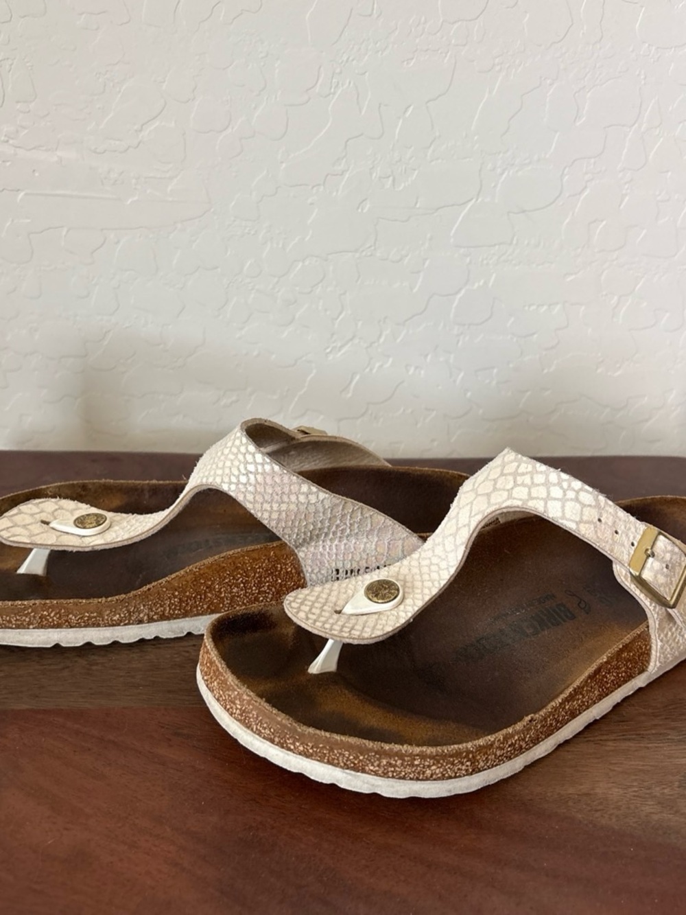 Birkenstock Cream Textured Thong Sandals with Gold Accent
